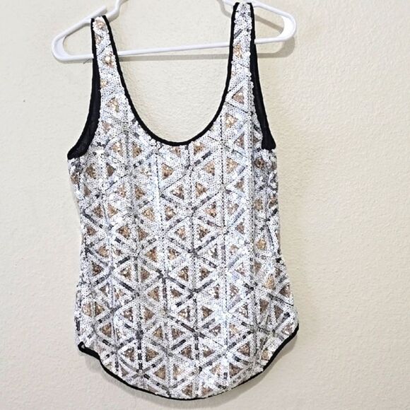 Bebe Sequin Gray and White Tank Top with Black Accents small - Picture 1 of 7